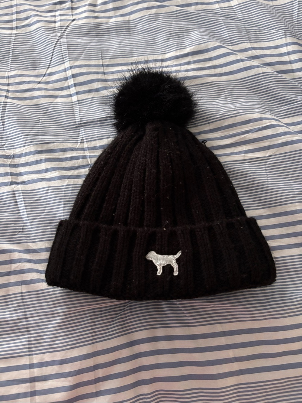 PINK Victoria's Secret Black Ribbed Pom Pom Beanie with Dog Logo